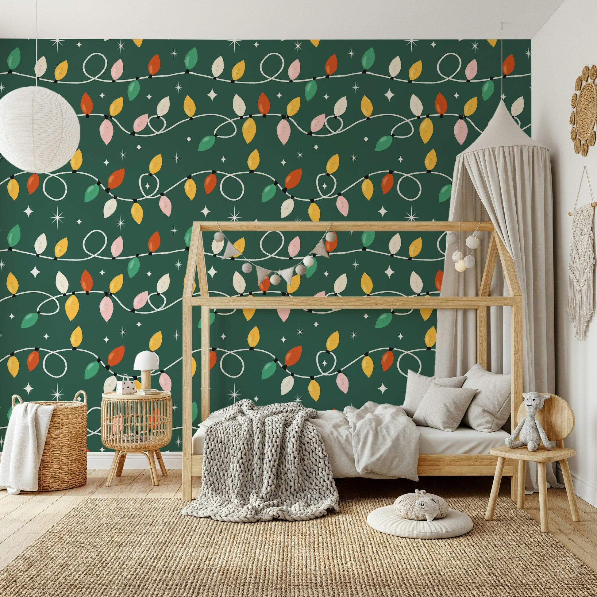 Retro holiday lights on a dark green wallpaper for walls background.
