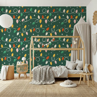 Retro holiday lights on a dark green wallpaper for walls background.