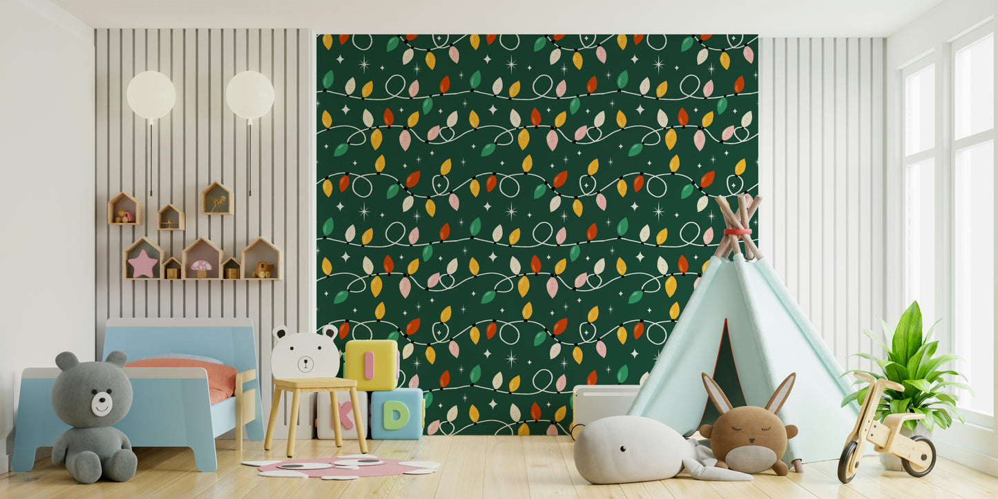 Festive Lights Pattern wallpaper mural with colorful string bulbs.