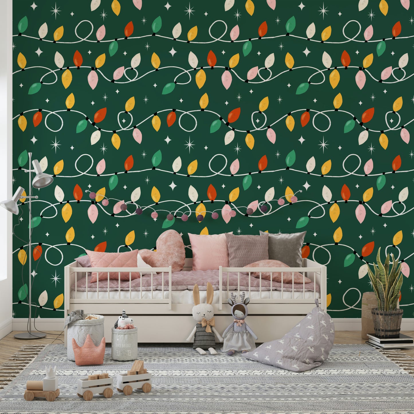 Joyful string light design, a peel and stick wallpaper choice.