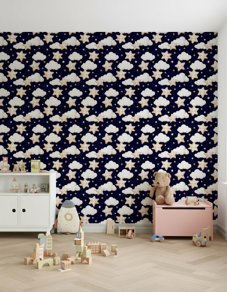 Sweet Dreams: Starry Sky Wallpaper with smiling stars.