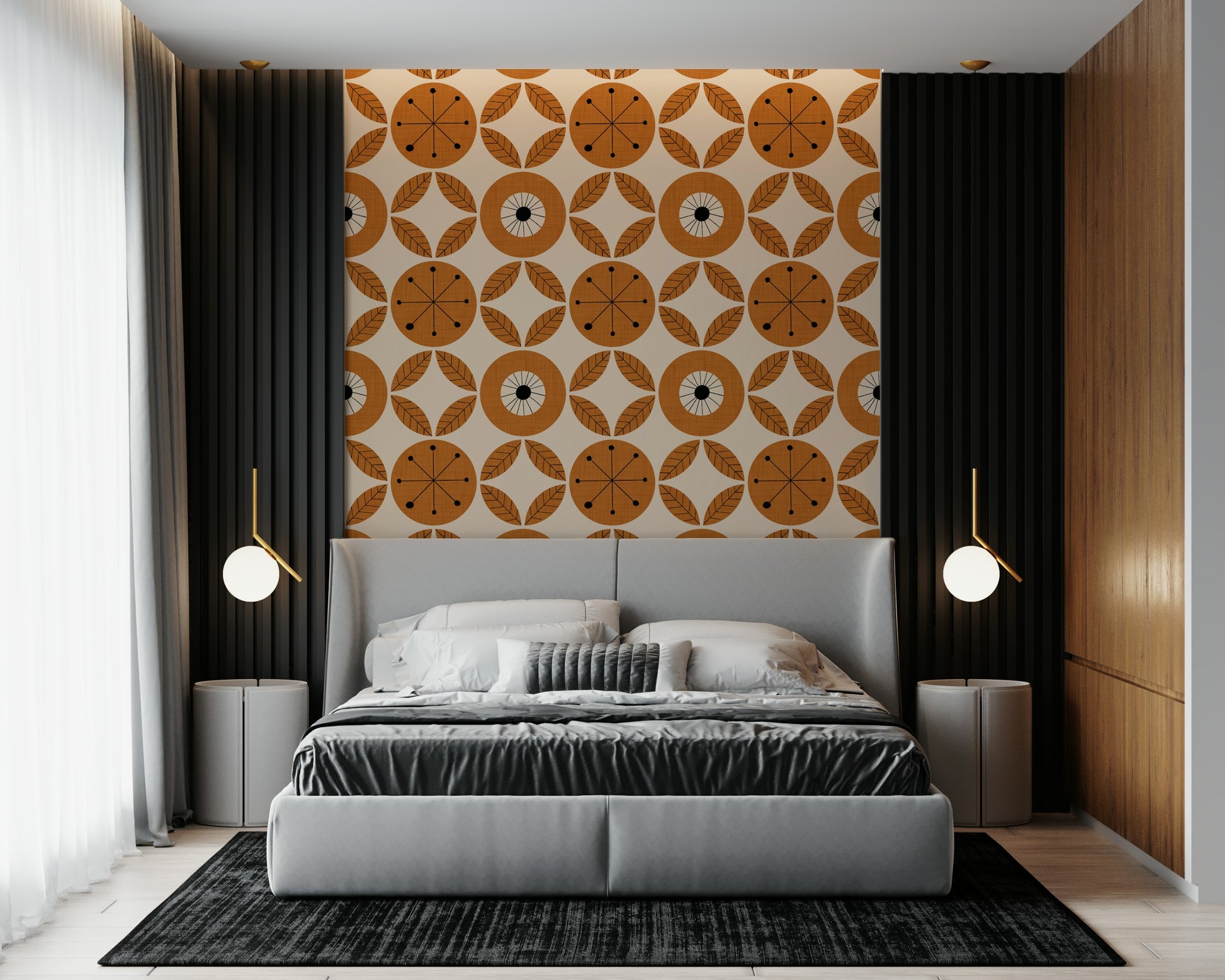 Abstract floral motif, Mid-Century Charm Wallpaper.