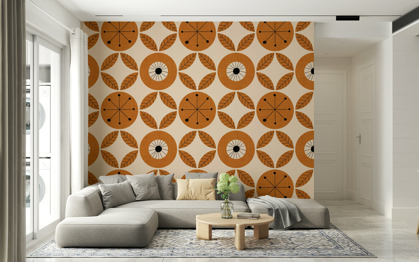 Orange atomic pattern, Mid-Century Charm Wallpaper.
