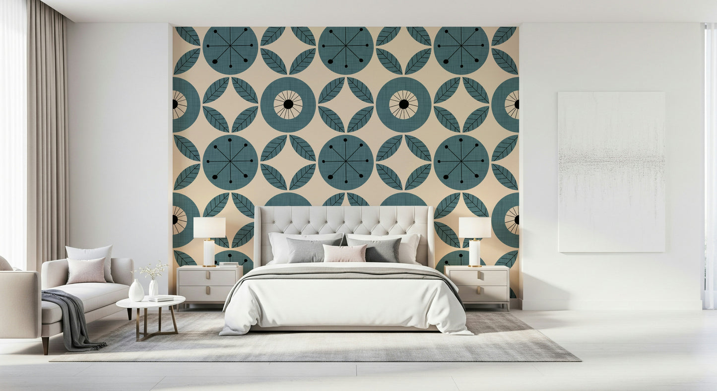 Geometric leaf arrangement, Retro Teal Harmony Wallpaper.