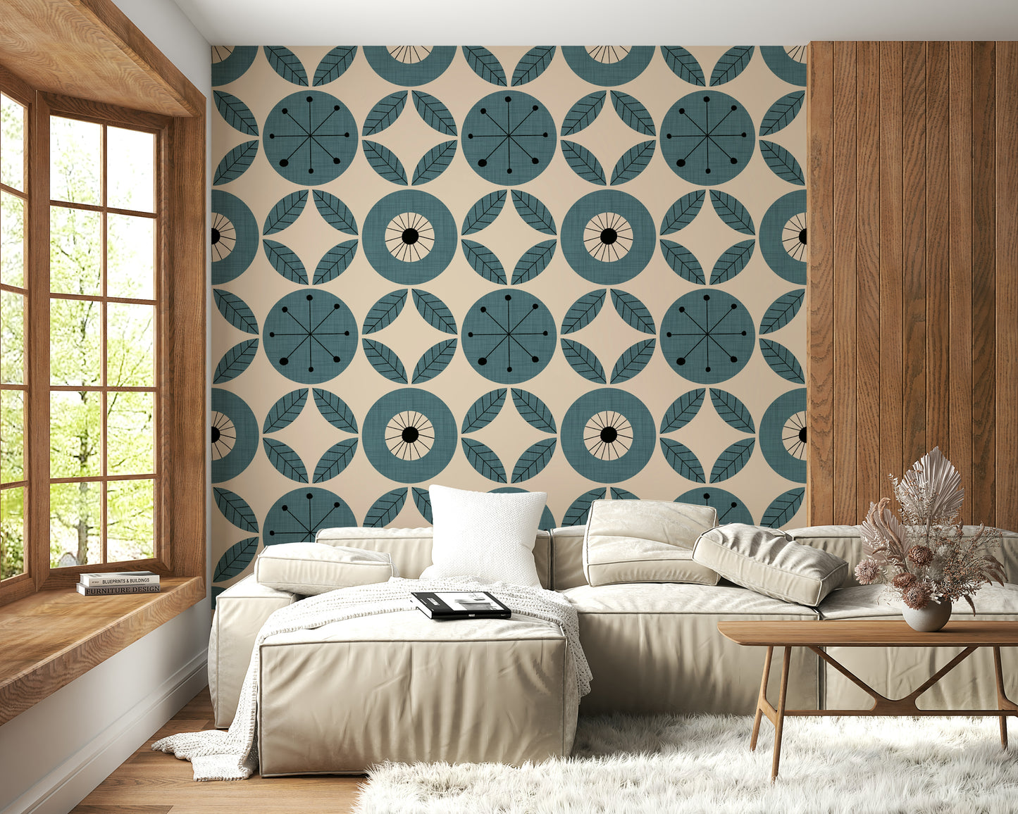 Striking teal and beige print, Retro Teal Harmony wallpaper.