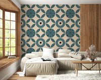 Striking teal and beige print, Retro Teal Harmony wallpaper.