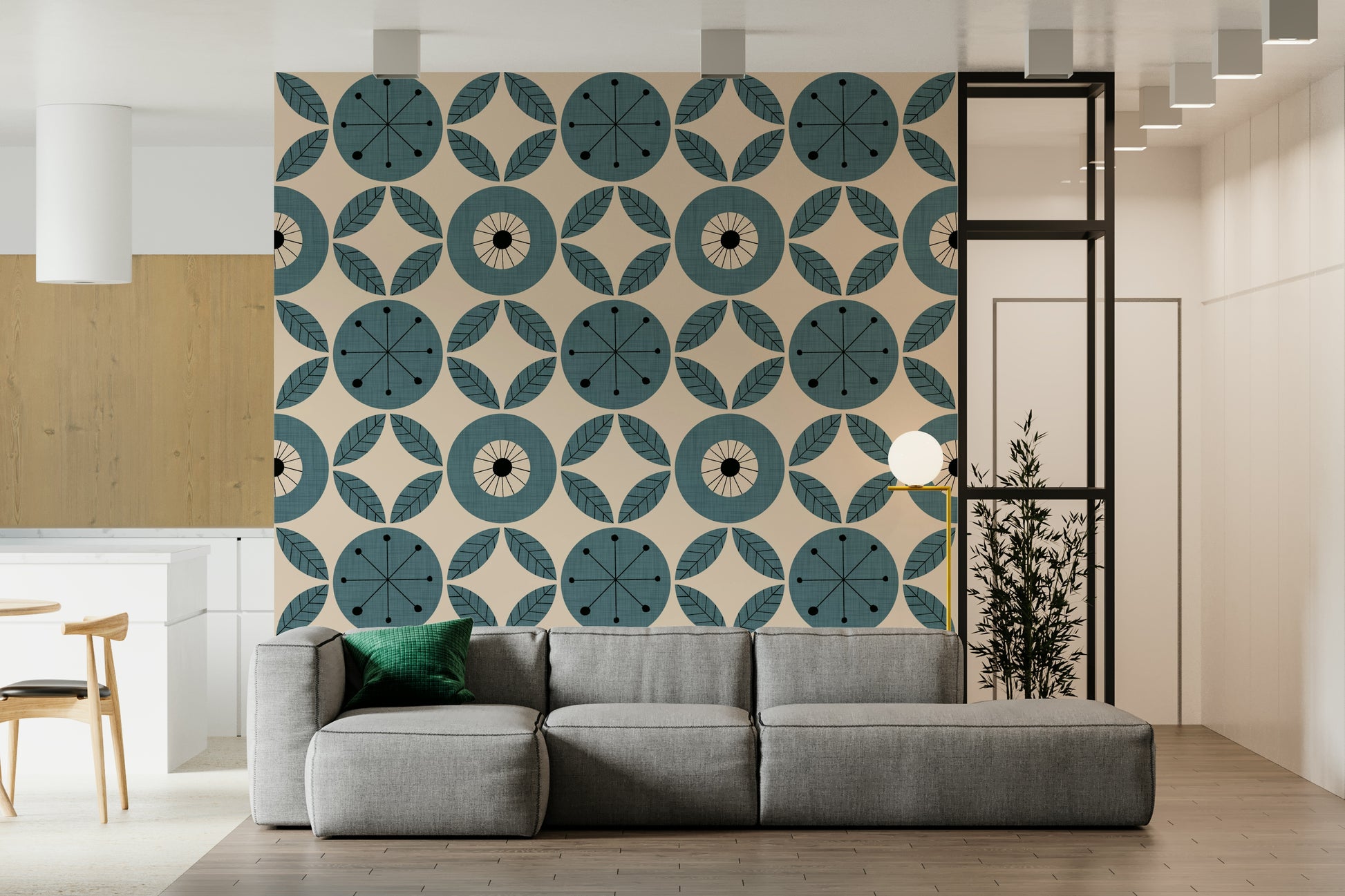 Vintage inspired wallpaper, Retro Teal Harmony mural.