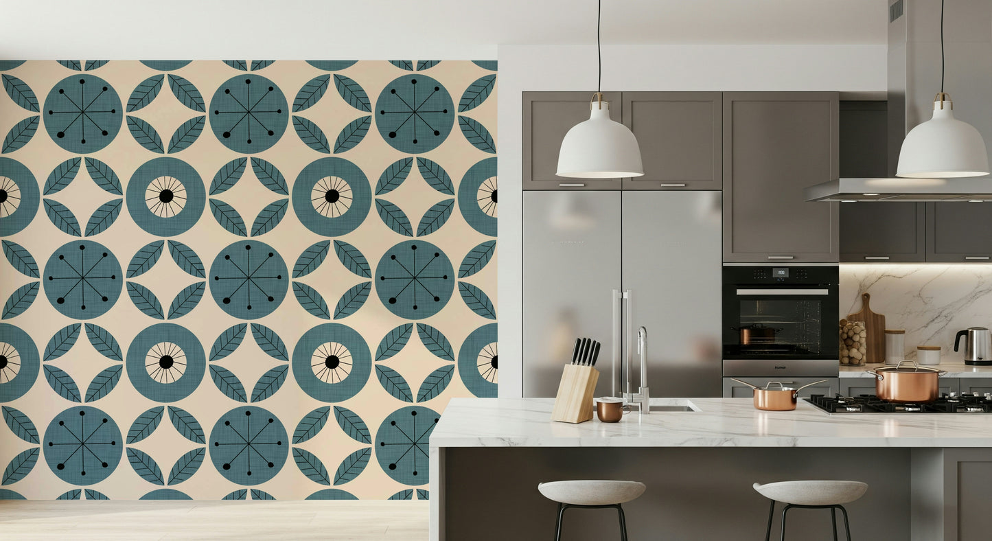 Abstract floral motif, Retro Teal Harmony Wallpaper.
