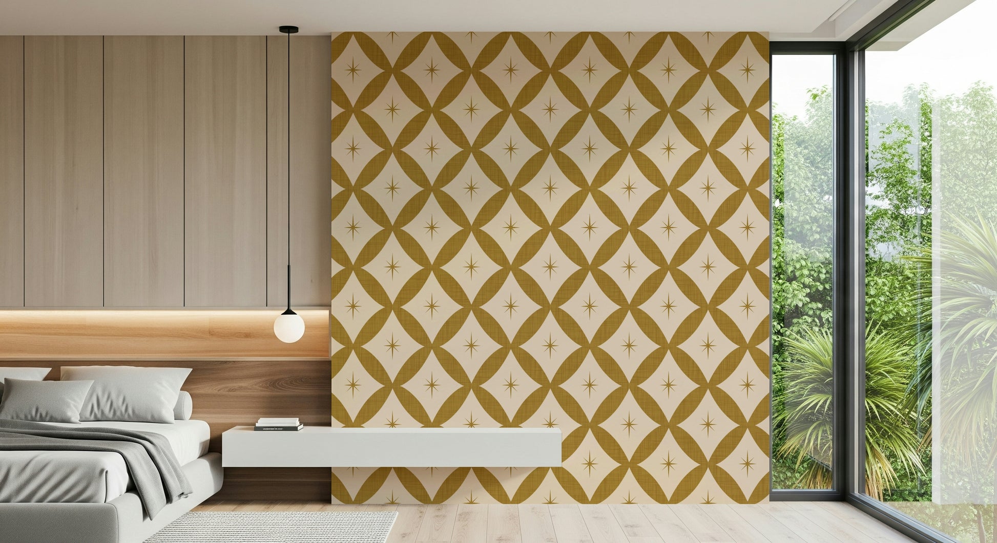 Rambunctious Golden Star Lattice Wallpaper pattern, sepia tones.