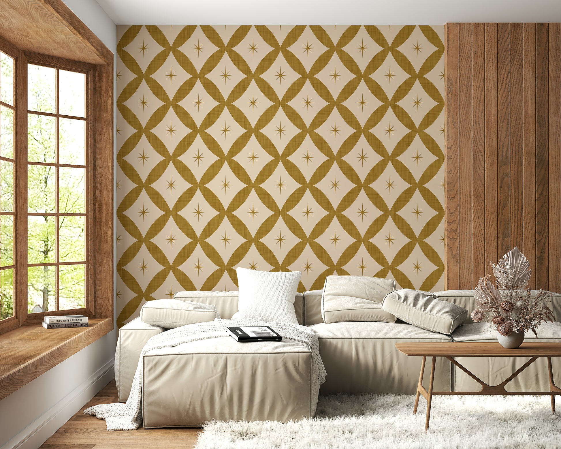 Curious, repeating oval Golden Star Lattice Wallpaper, an unusual wall covering.