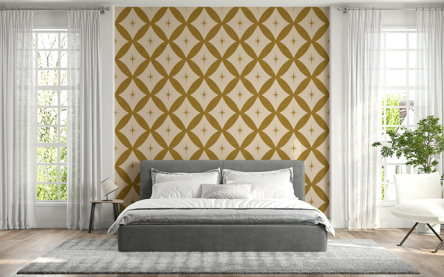 Piquant Golden Star Lattice Wallpaper, sharp starbursts and odd ovals.