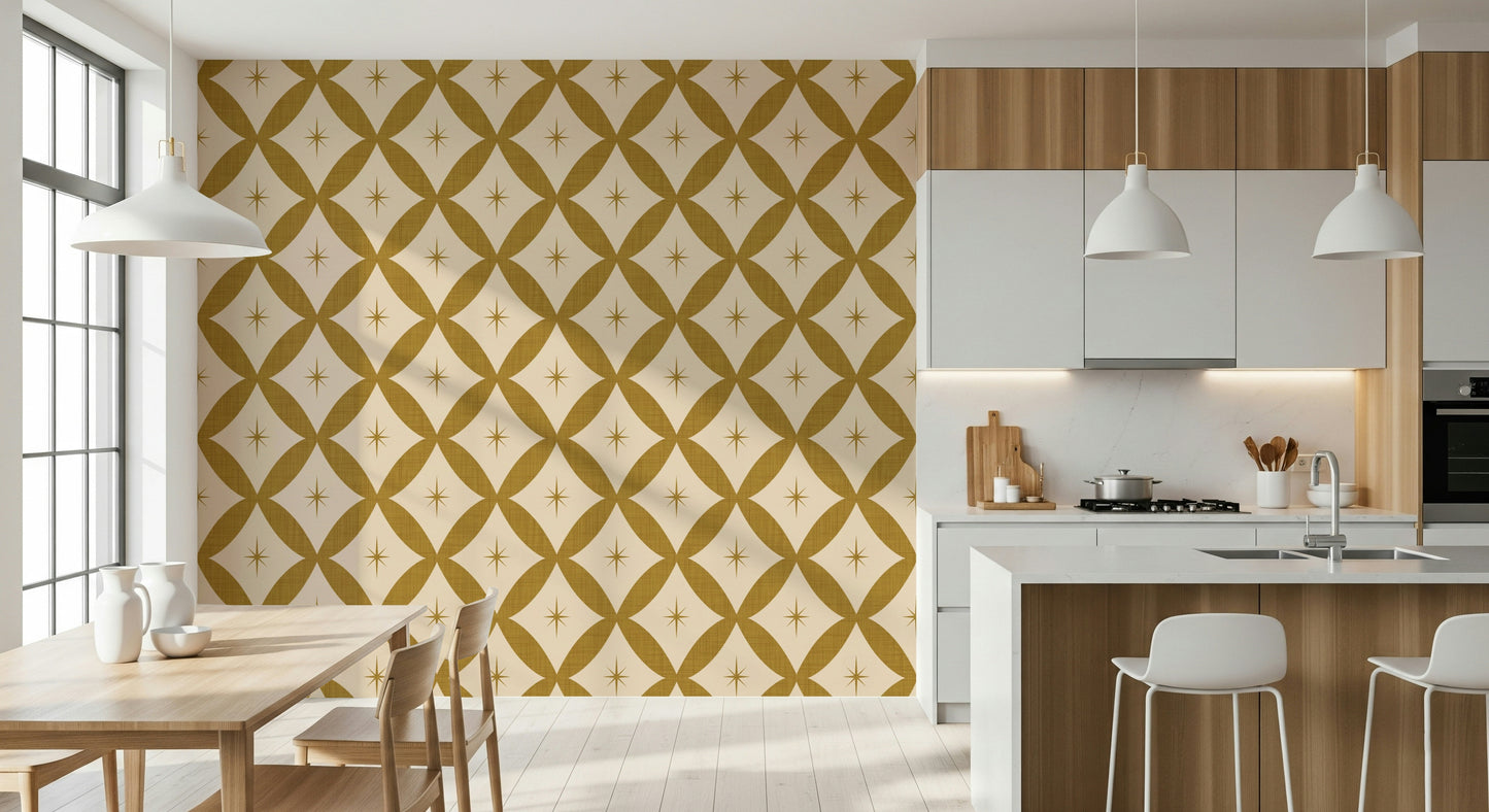 Eccentric, cosmic starbursts, sepia Golden Star Lattice wall covering.