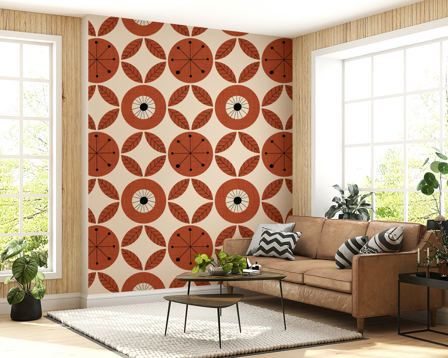 Stylish Retro Bloom wallpaper, quirky terracotta leaves pattern.