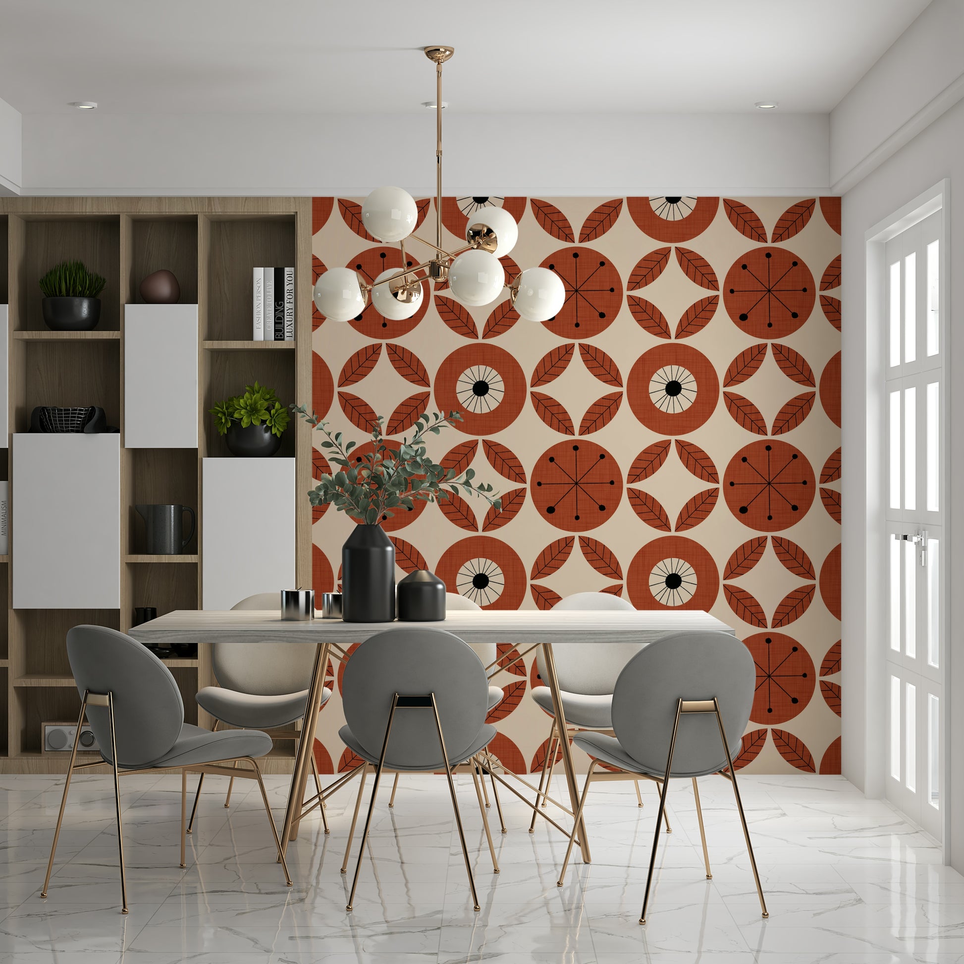 Zany Retro Bloom wallcovering, atomic geometric floral pattern.