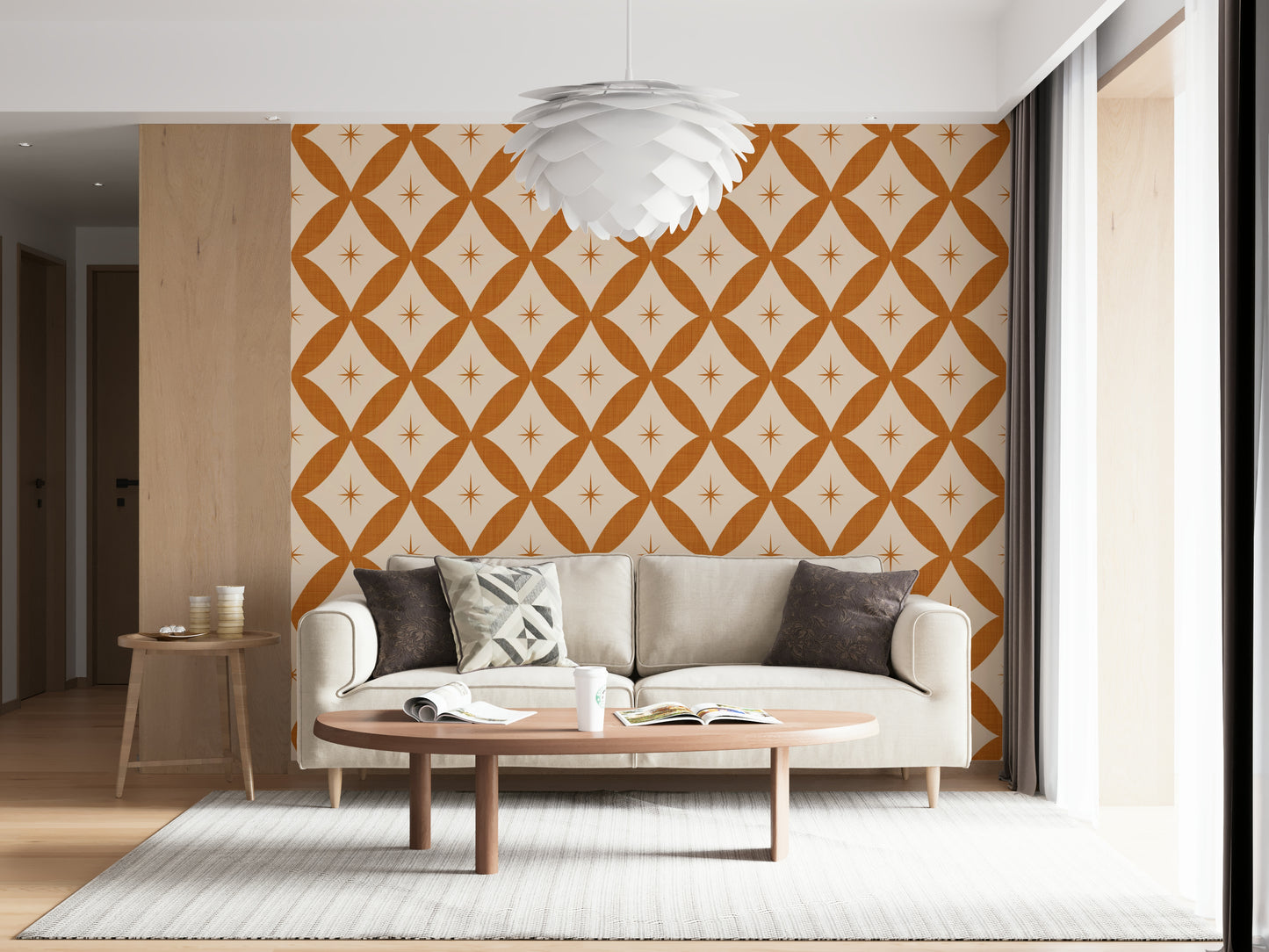 Retro Starburst Interweave Wallpaper, snazzy wallpaper mural, mid-century ogees.