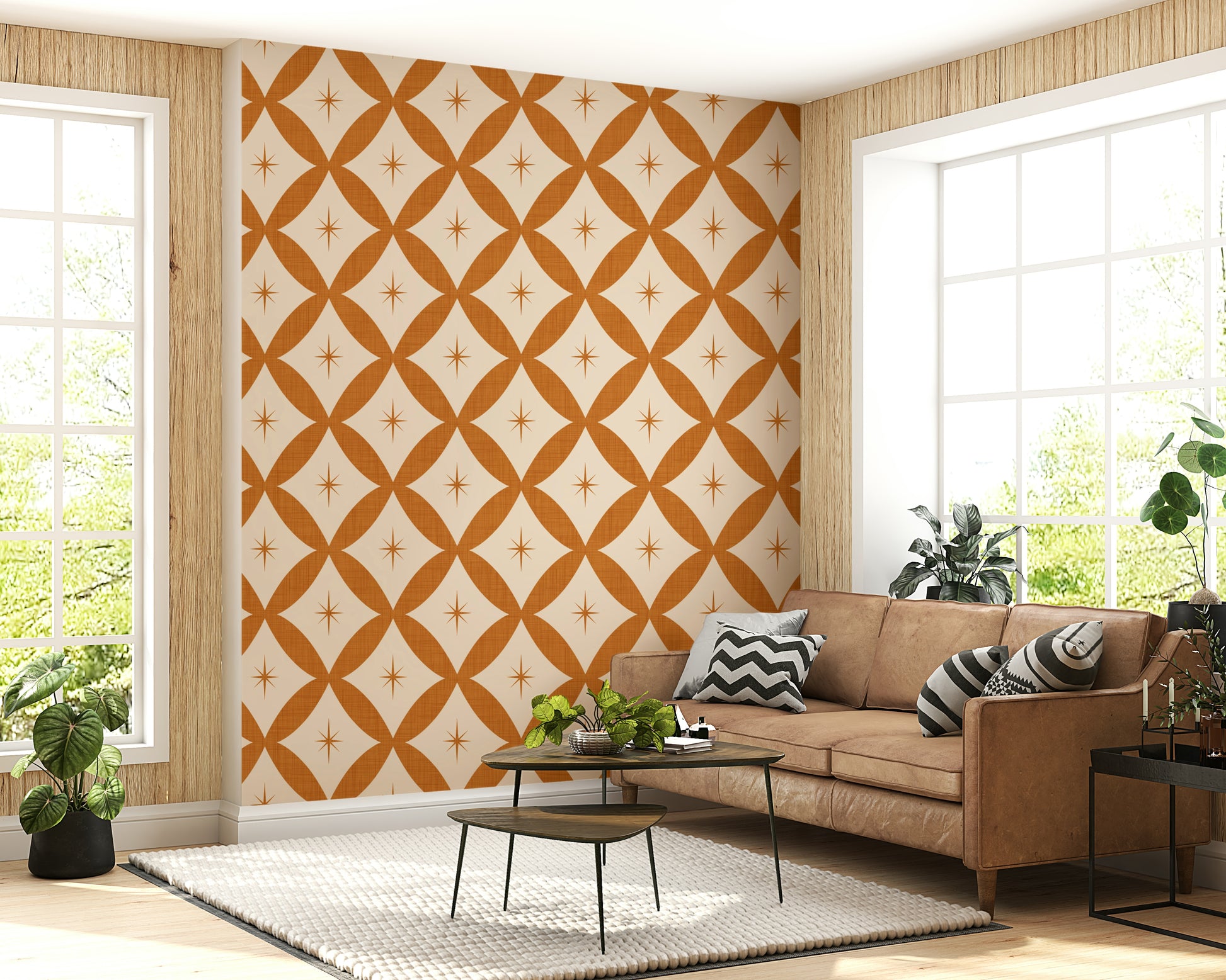 Saffron rings, celestial bursts, elegant Retro Starburst Interweave Wallpaper design.