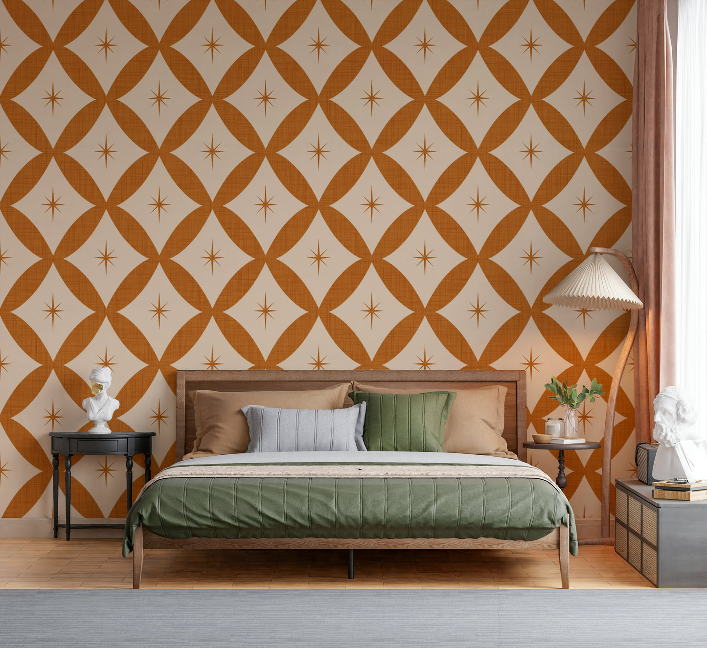Retro Interweave Wallpaper, mod starbursts, sepia tones, geometric wallpaper for walls.