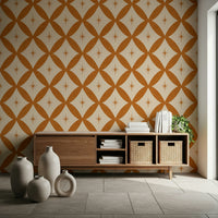 Retro Starburst Interweave Wallpaper, tangerine trellis, swanky design, bold.