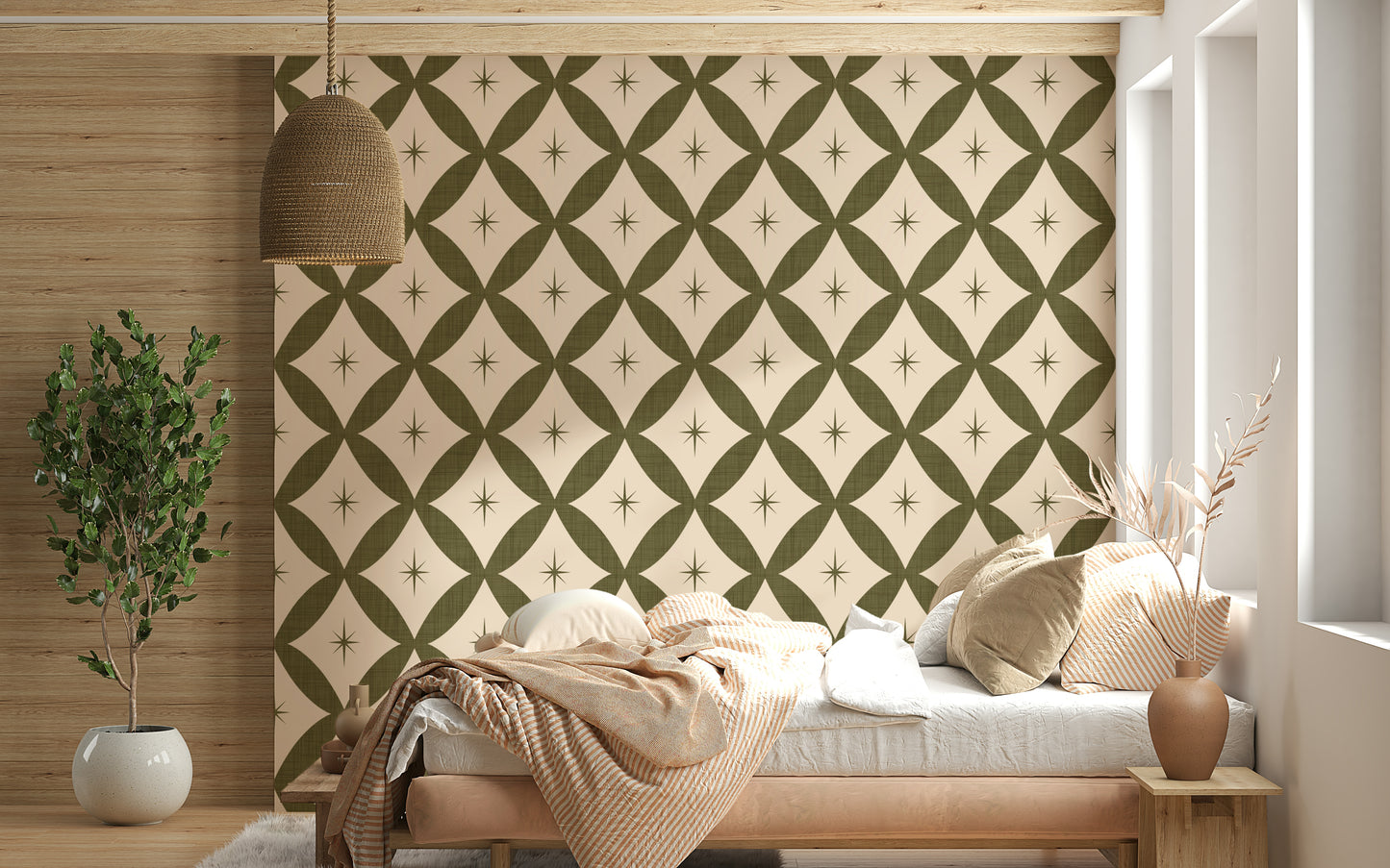 Wallpaper mural, Vintage Stars, with whimsical retro olive pattern.