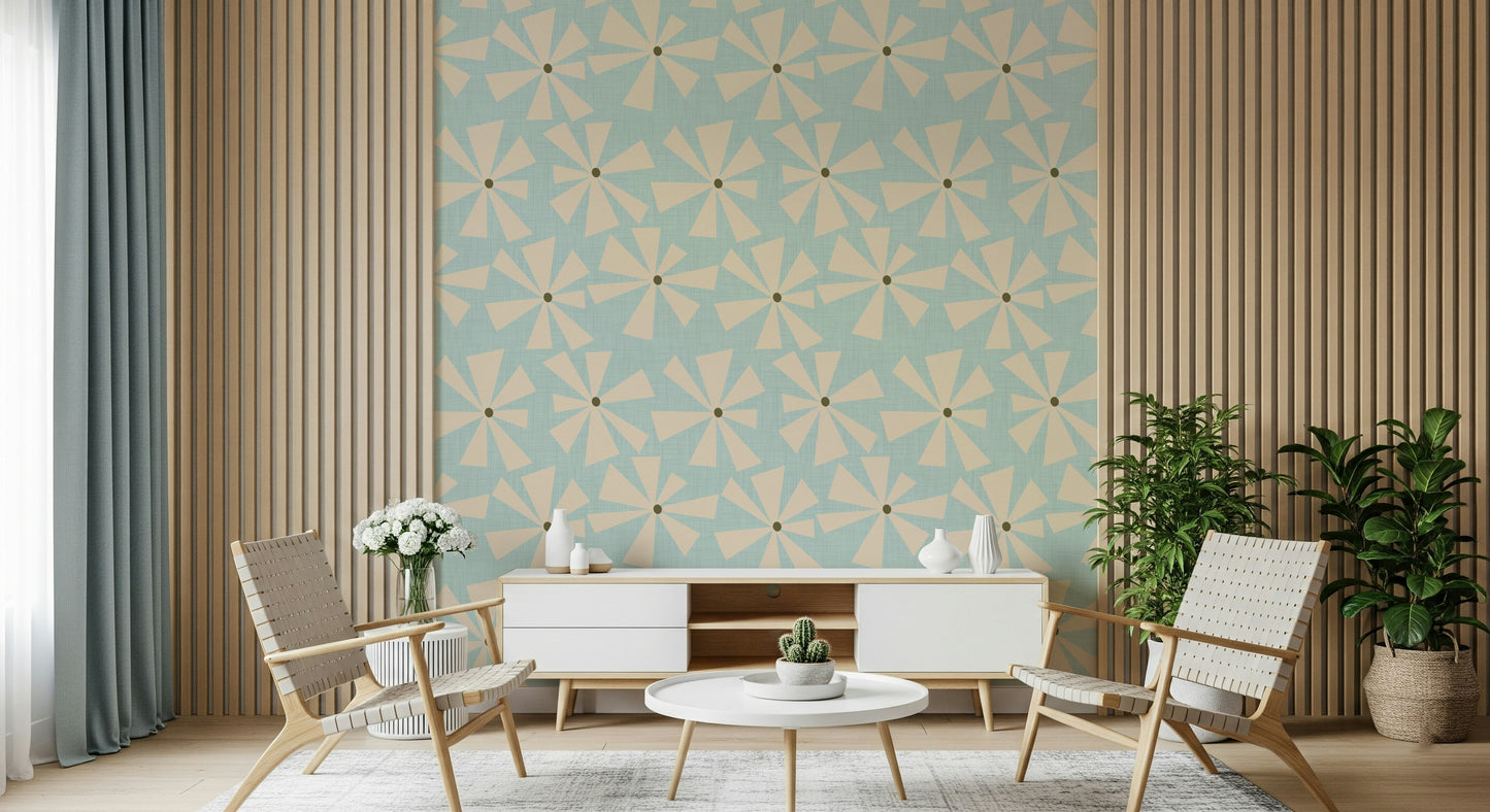 Whimsical 'Atomic Petals Wallpaper' in aquamarine and cream.