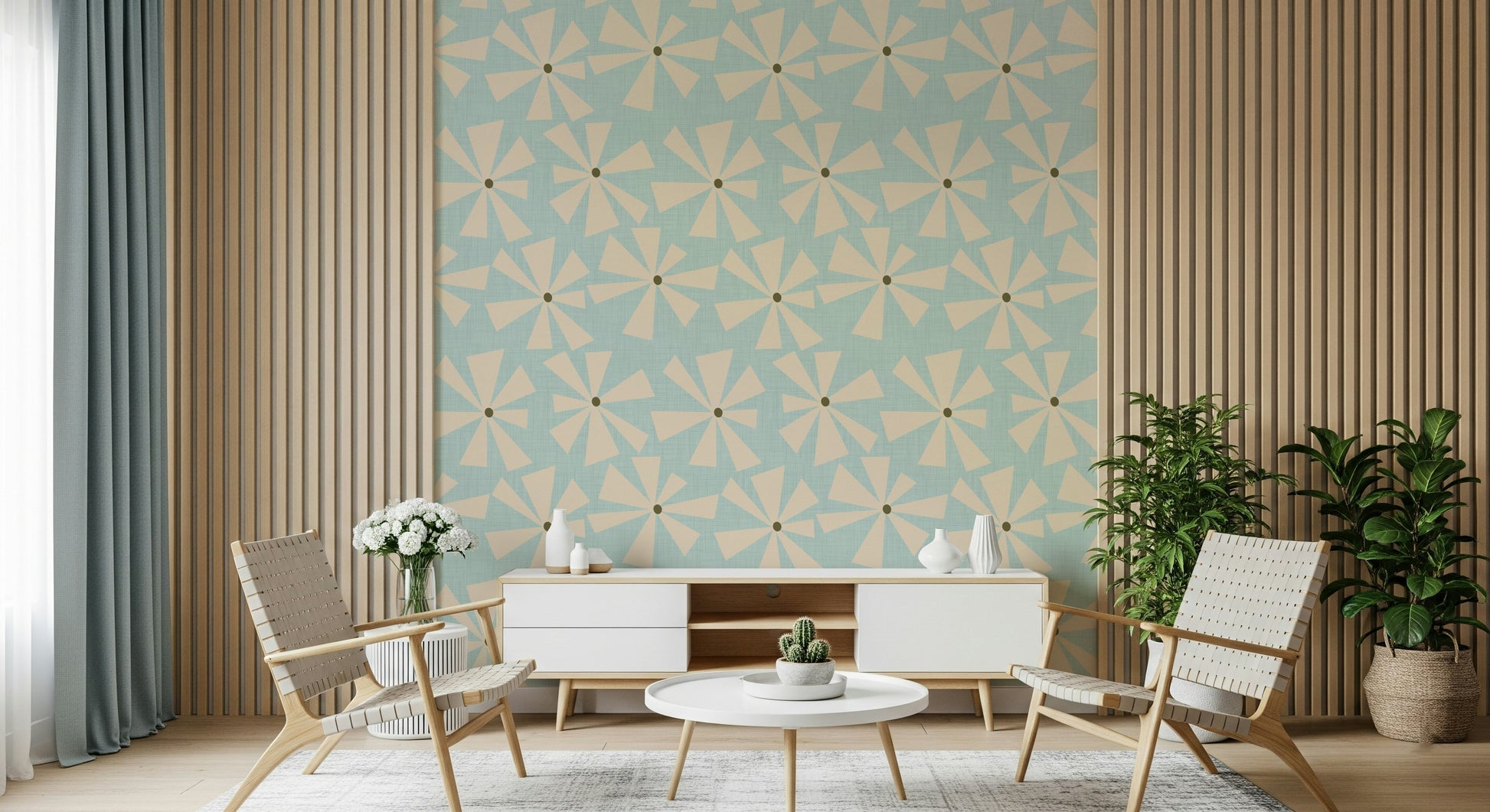 Whimsical 'Atomic Petals Wallpaper' in aquamarine and cream.