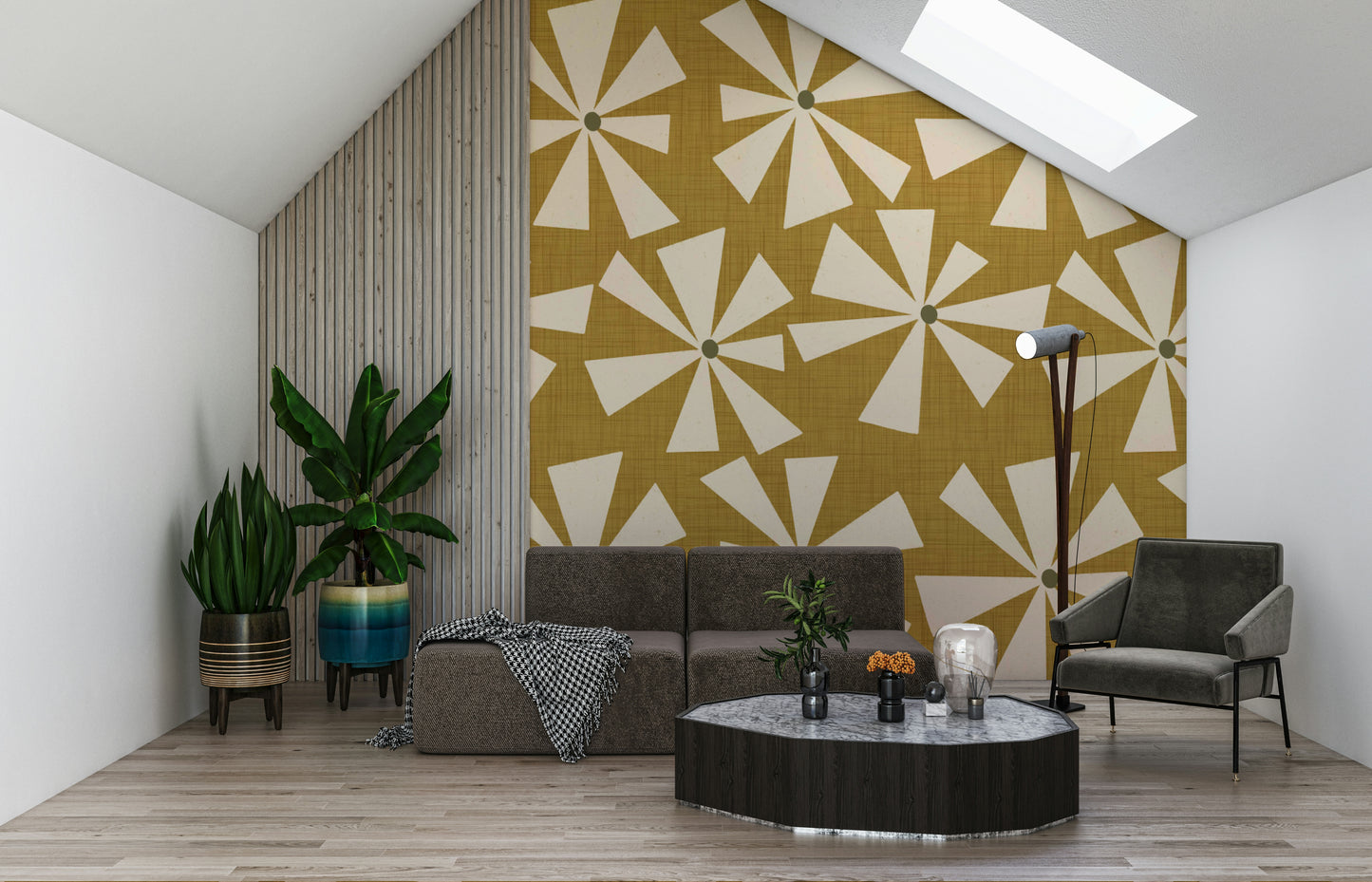 Beige kinetic sunburst wallpaper, dappled texture, Retro Bloom mural.