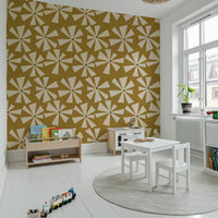 Flaxen Retro Sunburst Bloom Wallpaper, pollen radiating wall art.