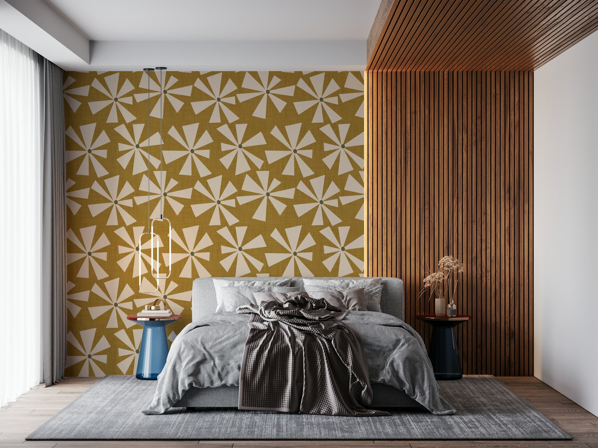 Whimsy Retro Sunburst Bloom Wallpaper for walls, khaki texture.