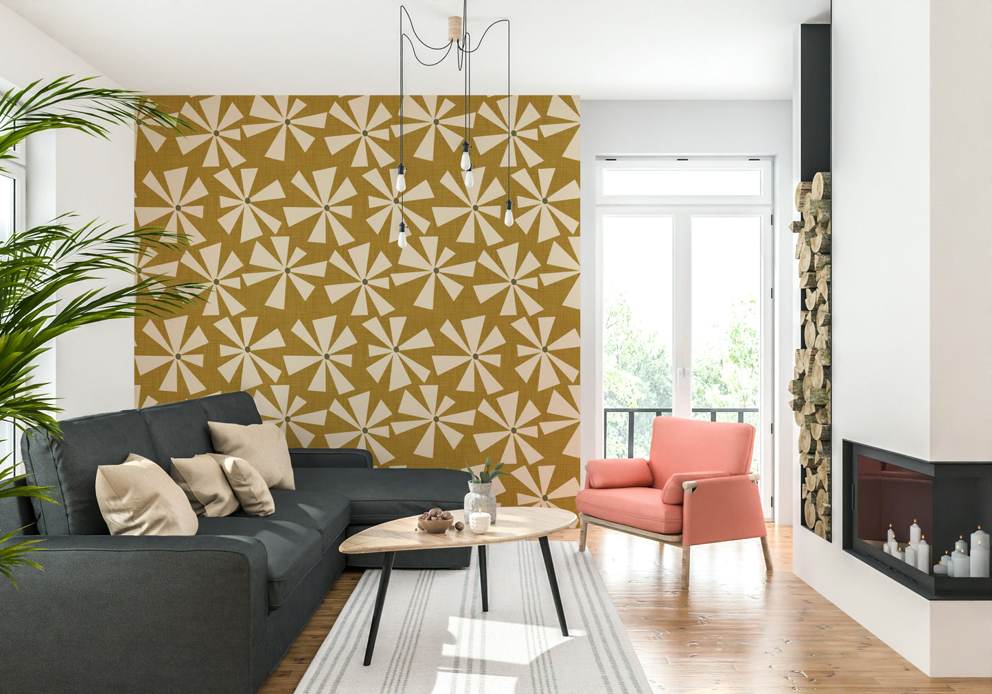 Svelte sunburst bloom, textured peel and stick wallpaper, Retro zing.