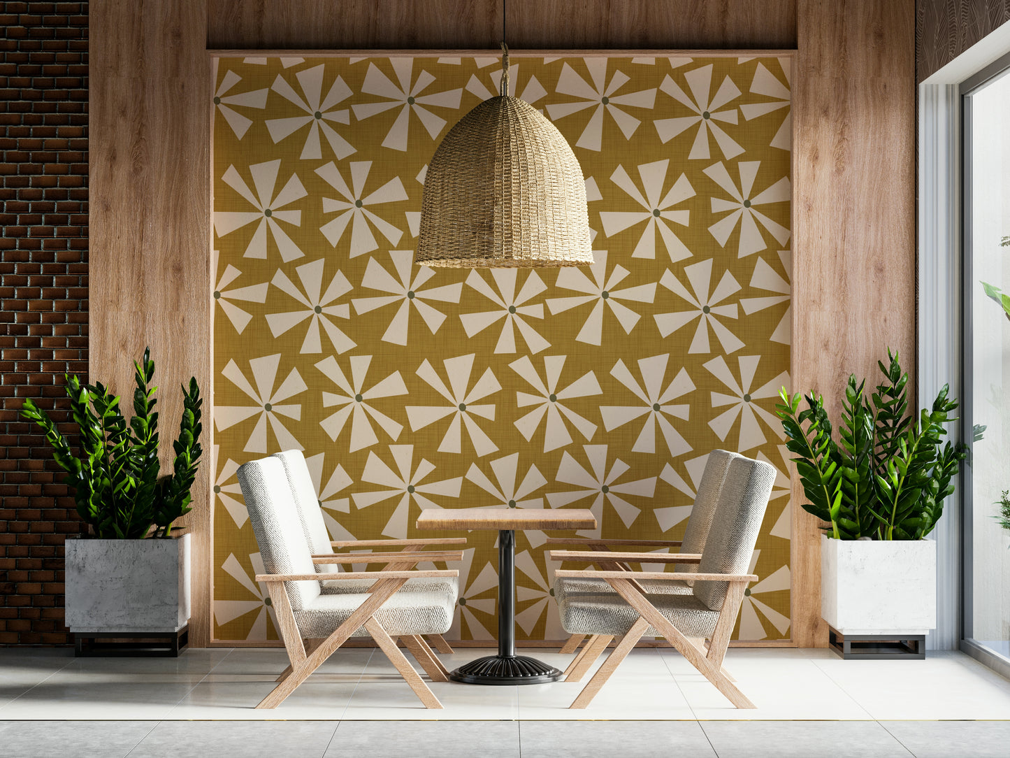 Golden Retro Sunburst Bloom, geometric floret wall mural, jazzy design.