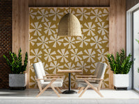 Golden Retro Sunburst Bloom, geometric floret wall mural, jazzy design.