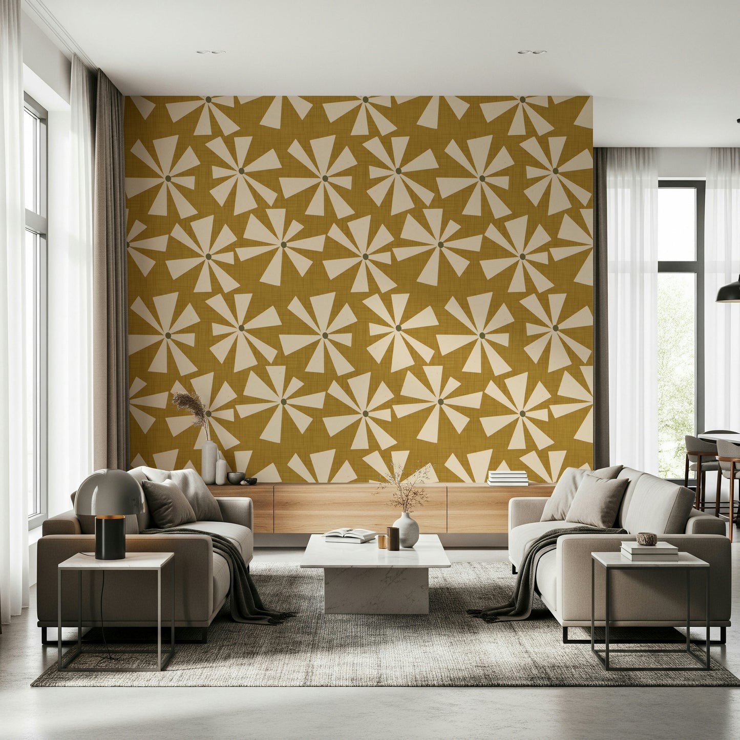 Earthen Retro Sunburst Bloom, tan design, sunburst wallpaper for walls.