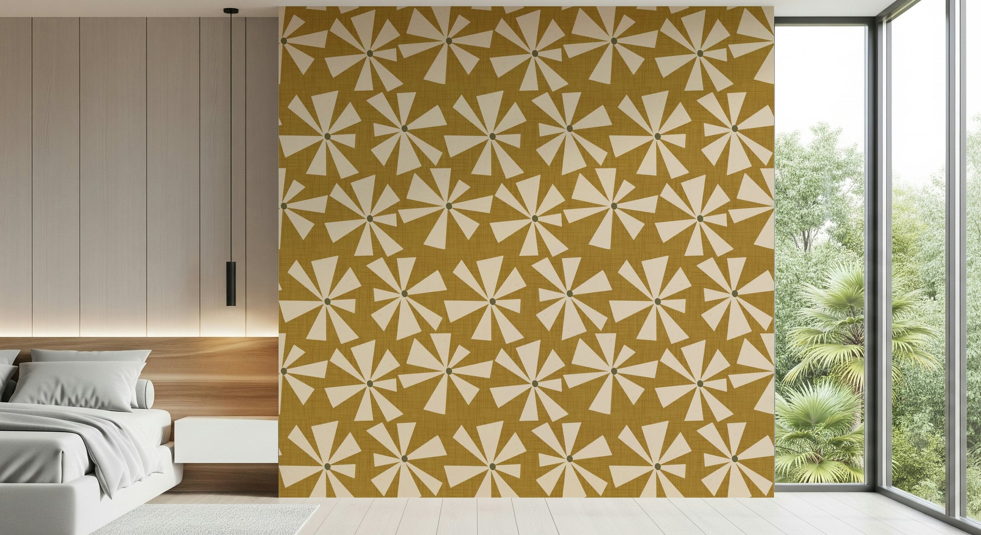 Fawn sunburst bloom, sprocketed Retro Wallpaper, dandy wall covering.