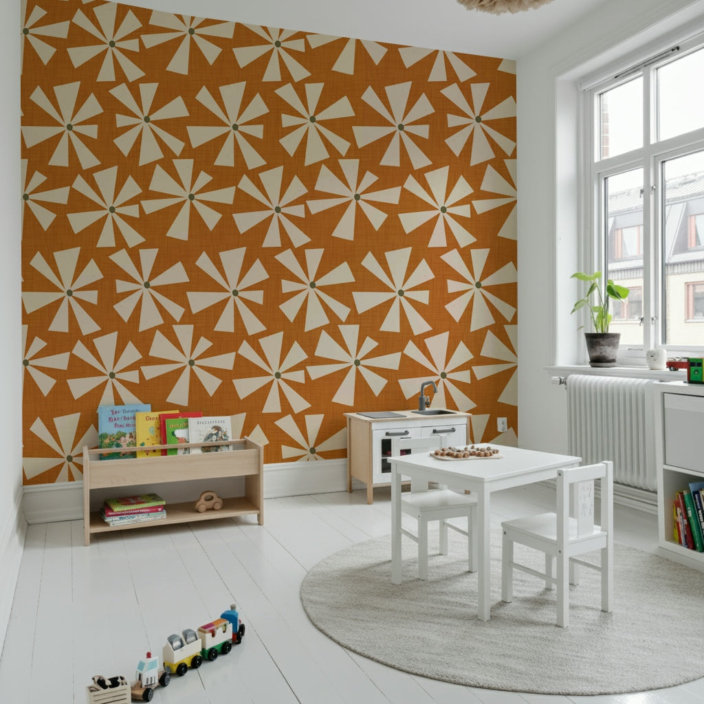 Voracious beige petals on textured orange, Retro Bloom Burst Wallpaper.