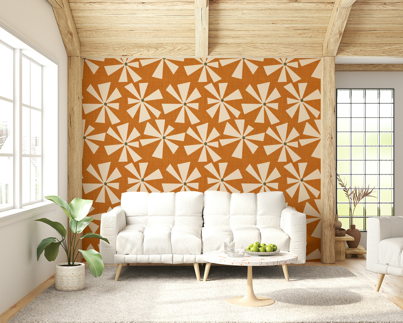 Retro Bloom Burst Wallpaper: Ephemeral orange and beige mid-century design.