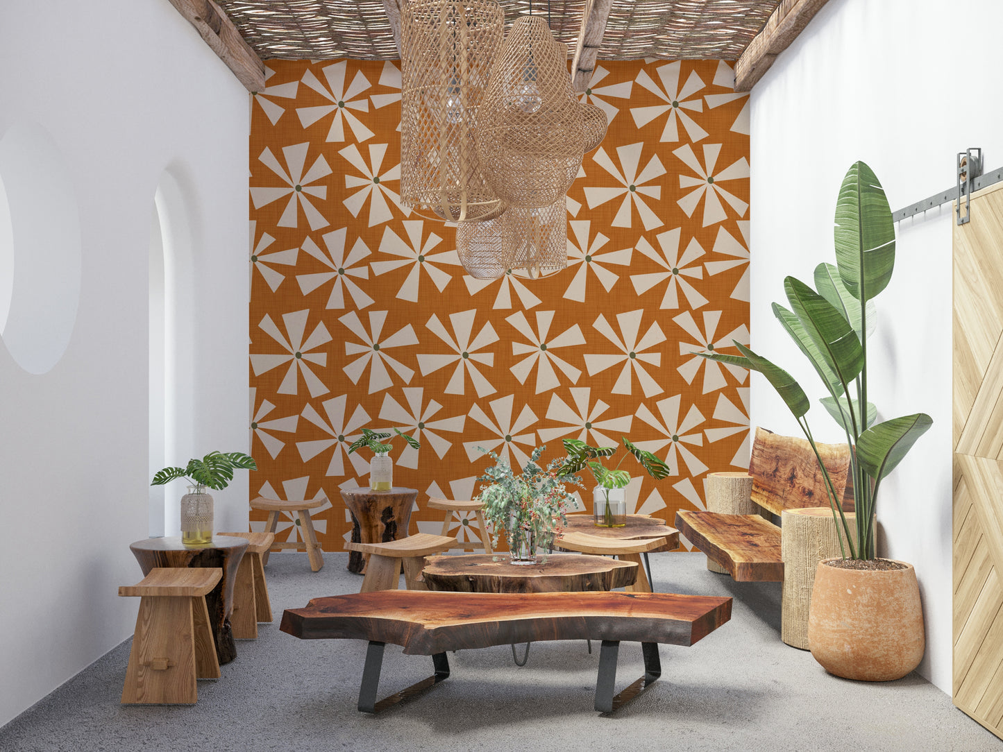 Sempiternal style: Retro Bloom Burst, a beige and orange mural.