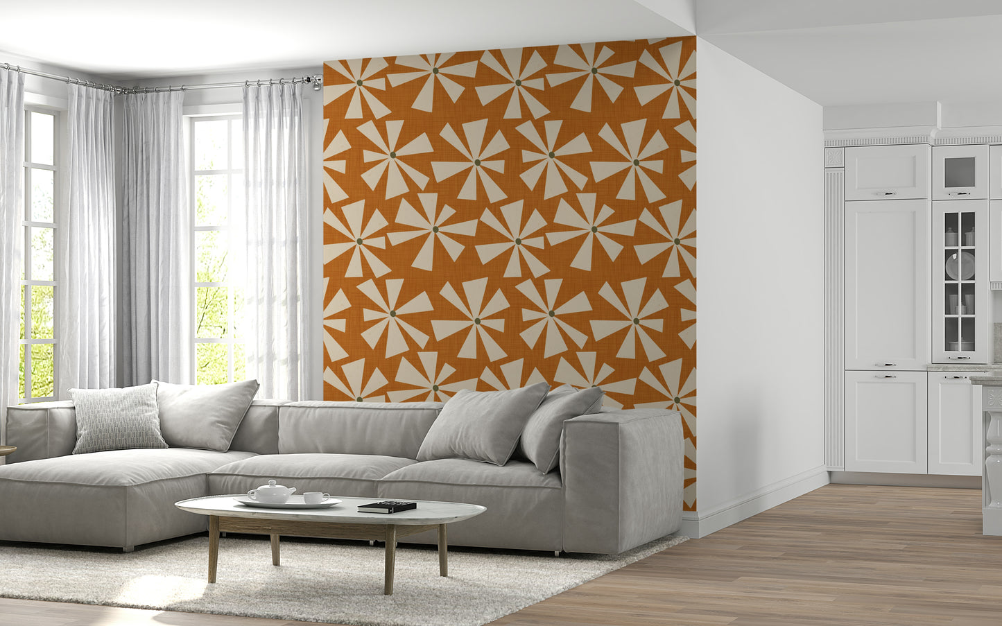 Obfuscate walls no more with Retro Bloom Burst Wallpaper design.