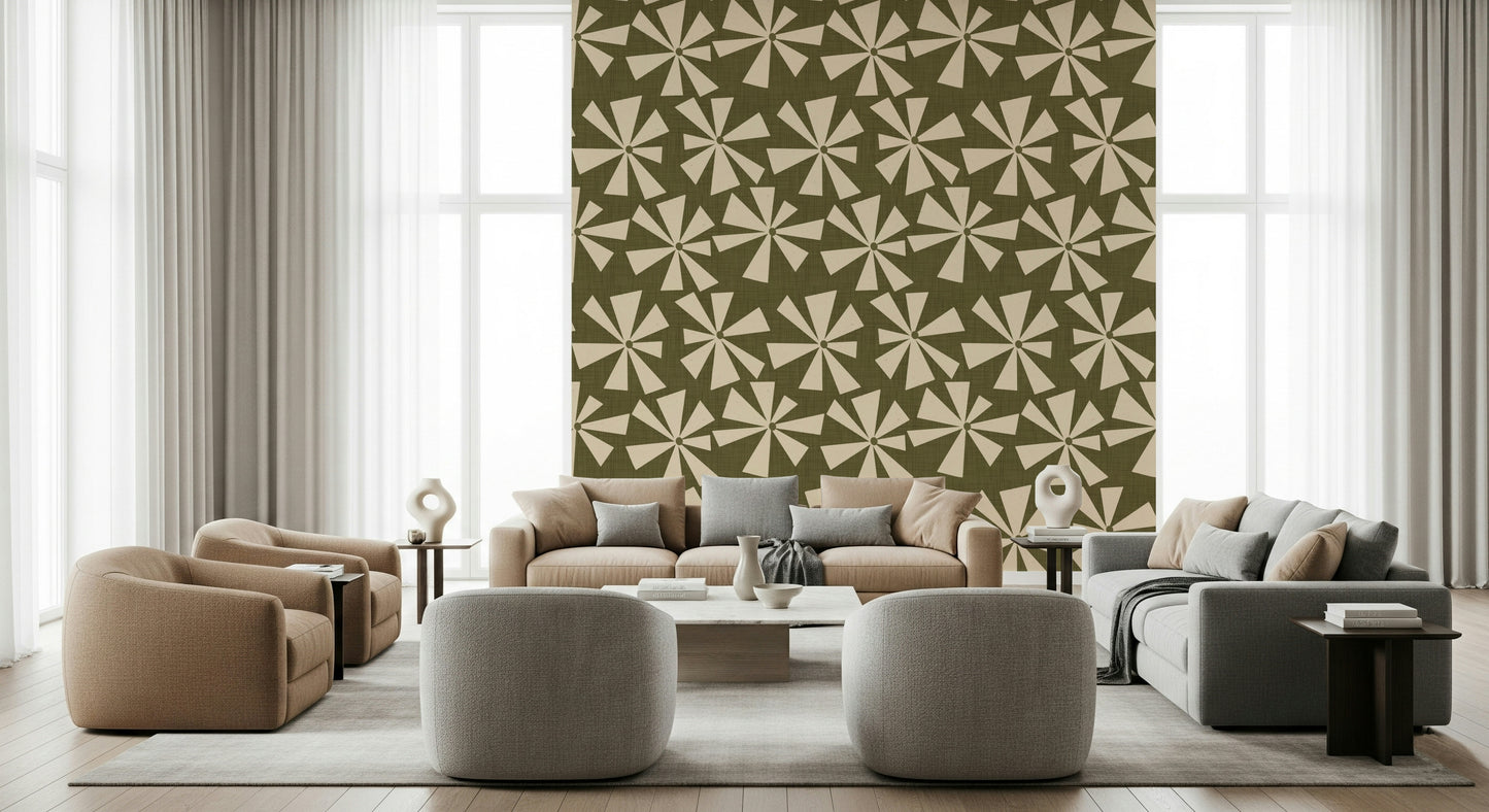 Pistachio Retro Burst wallpaper fabric look.