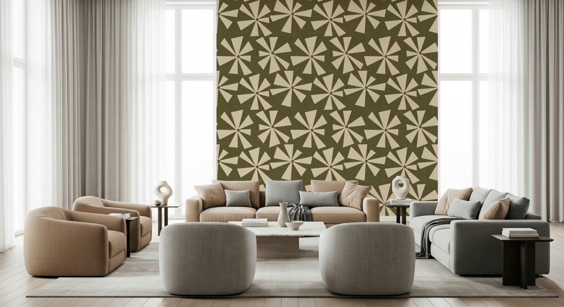 Pistachio Retro Burst wallpaper fabric look.