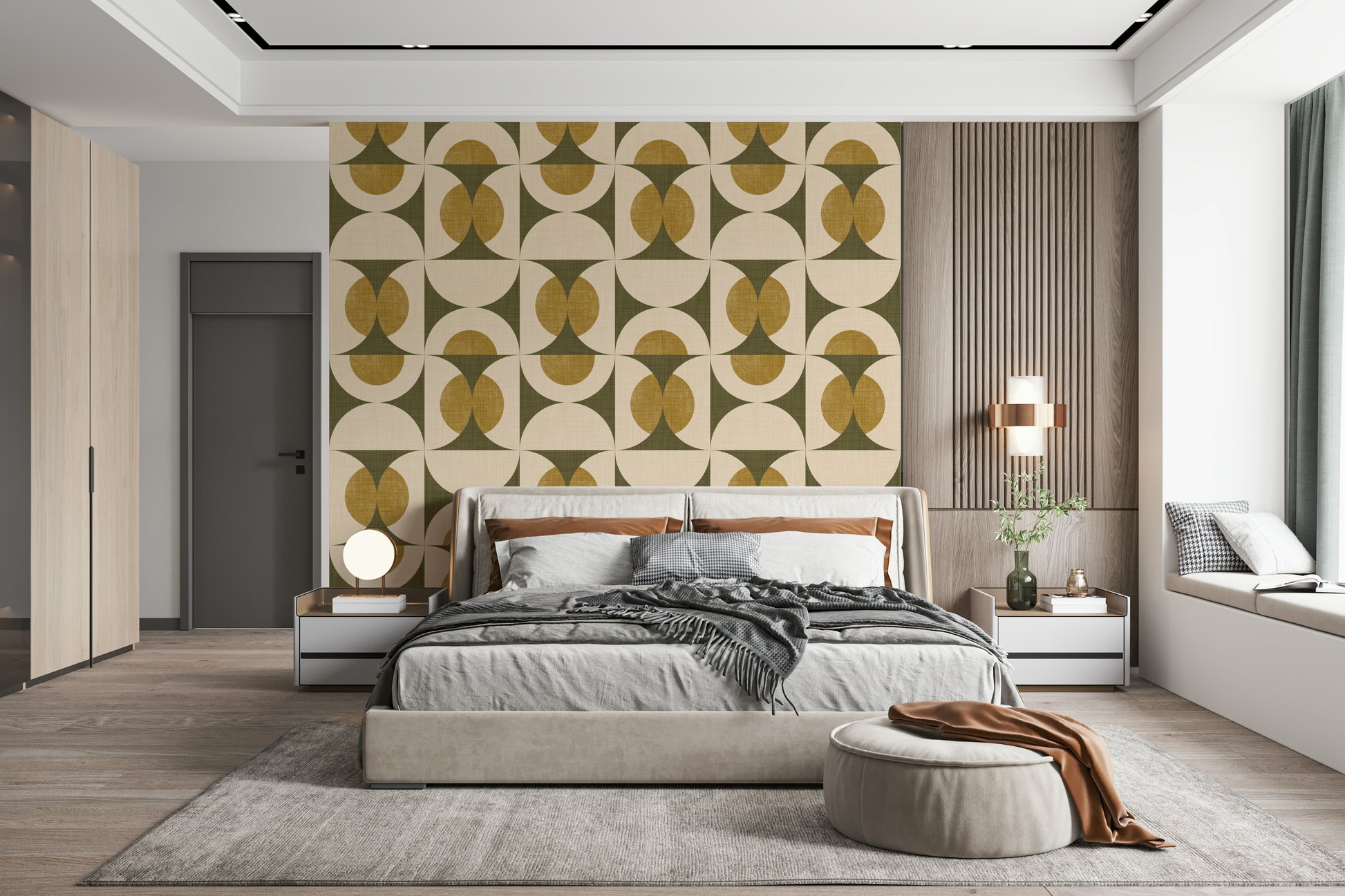 Ecru and olive geometric wall mural, fanciful Mid-Century Harmony print.