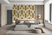 Ecru and olive geometric wall mural, fanciful Mid-Century Harmony print.