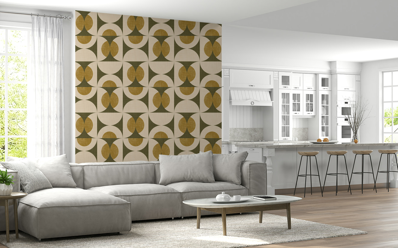 Mid-Century Modern Harmony Wallpaper, ochre geodesic design, textured wall mural.