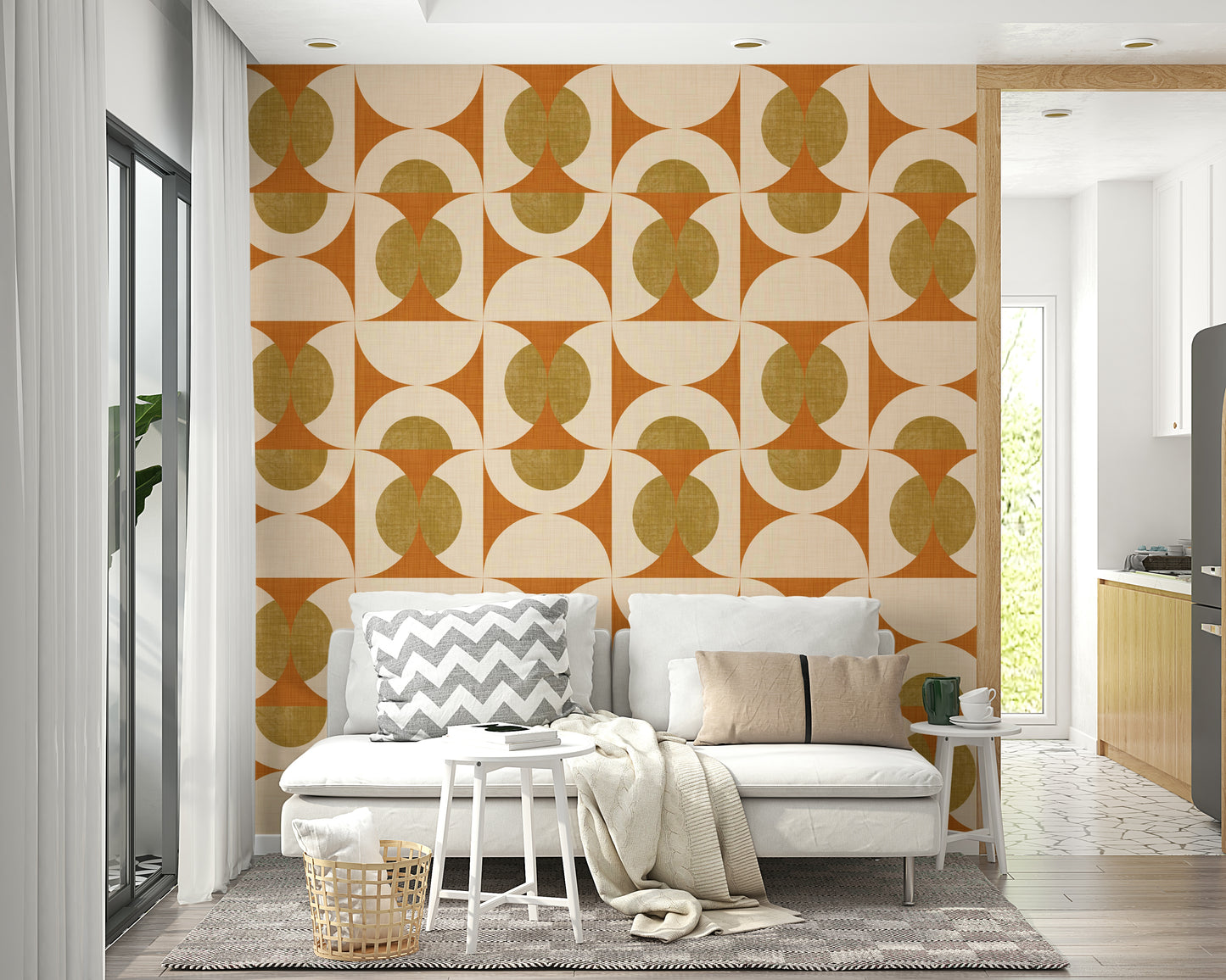 Arc Harmony Wallpaper, whimsical mid-century geometric wall mural.