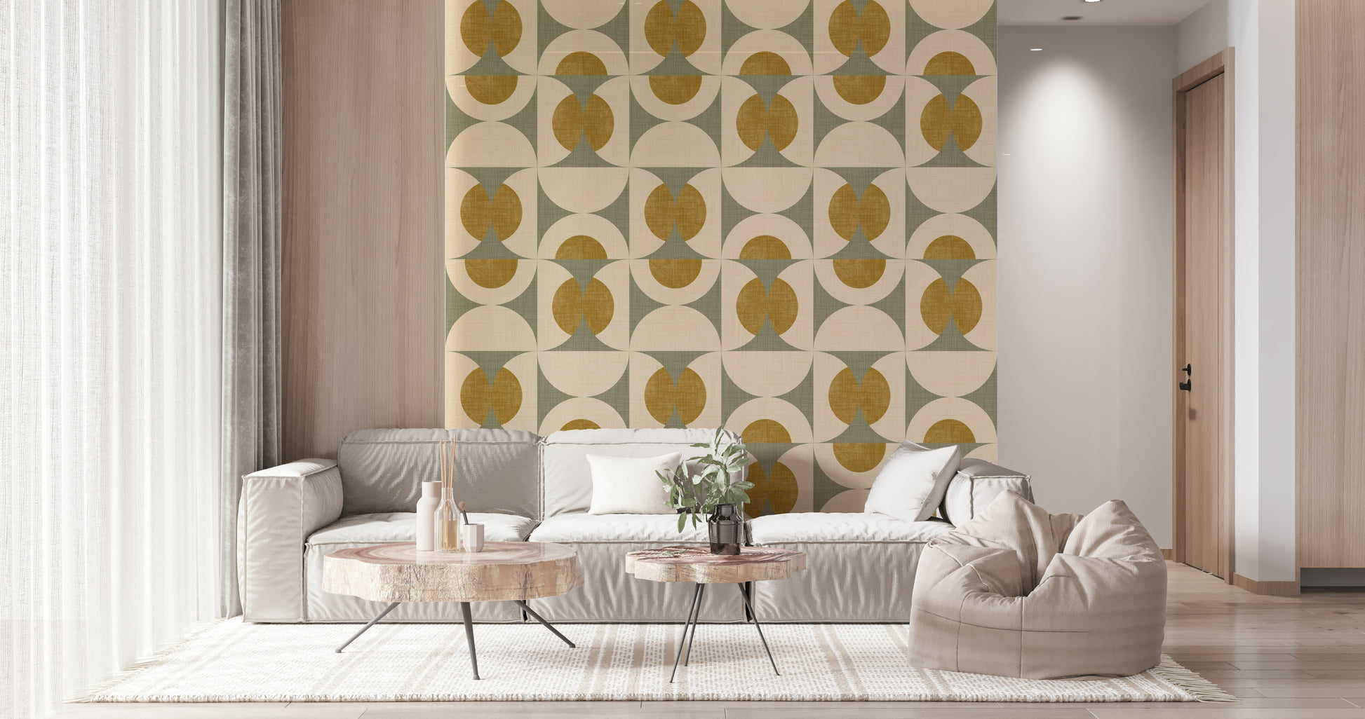 Kooky Vintage Geometric Chic Wallpaper retro circles, half-moons, linen texture.