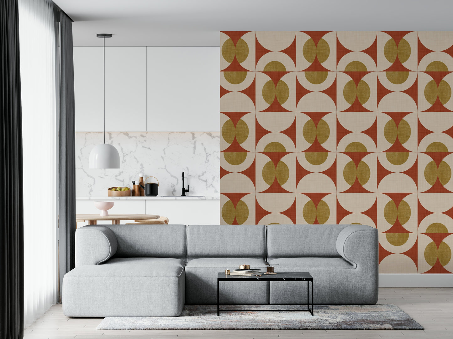 Oddball Retro Arcs Wallpaper design taupe and burnt orange, curvaceous motif.