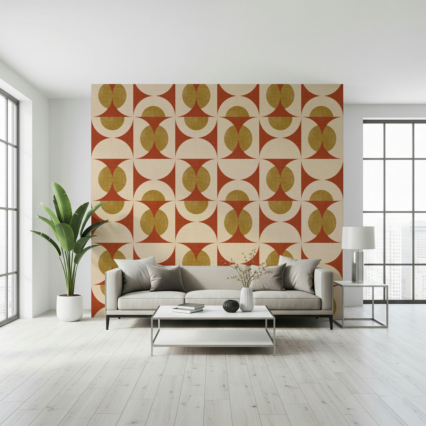 Wacky Retro Arcs Wallpaper for walls gamboge semicircles, madder geometry.