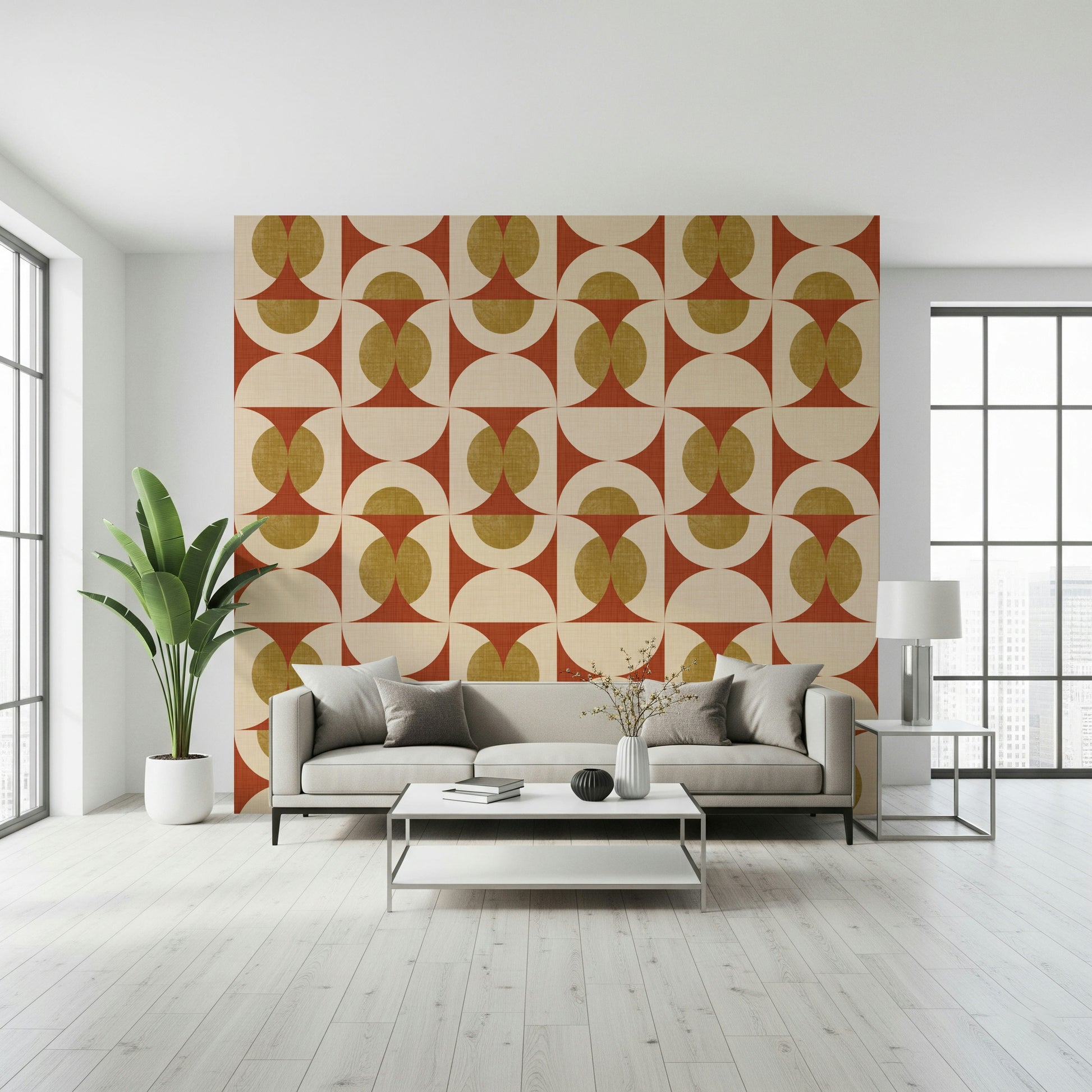 Wacky Retro Arcs Wallpaper for walls gamboge semicircles, madder geometry.