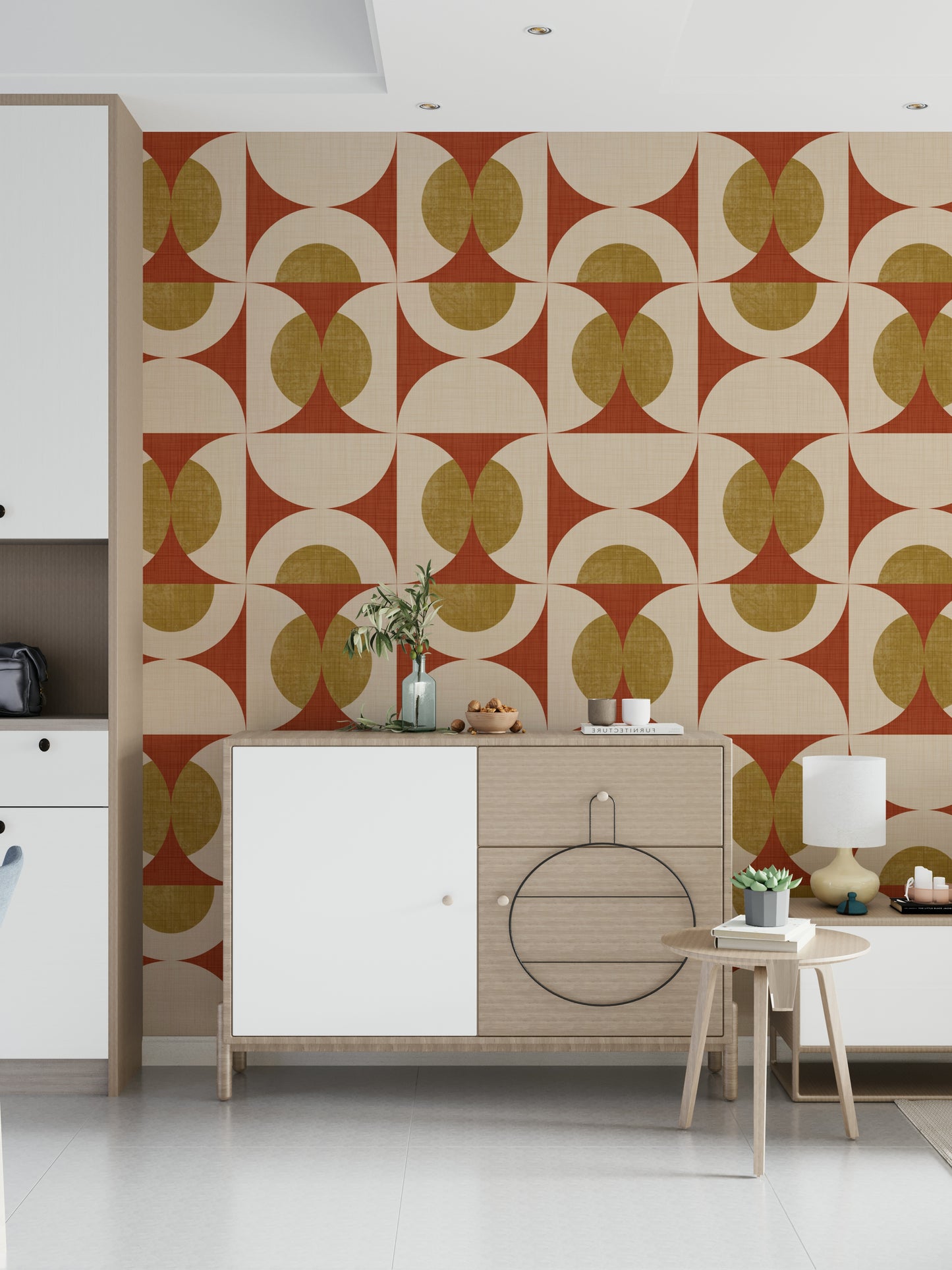 Jazzy Retro Arcs Wallpaper peel and stick: sunken disks, sienna fabric texture.