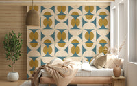 Geometric Tile Wallpaper Aquamarine blocks, fibrous mid-mod decor.