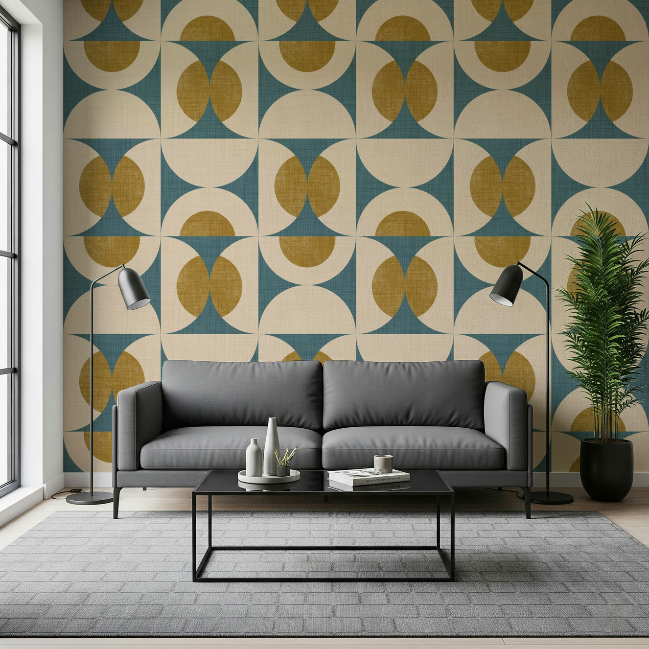 Geometric Tile Wallpaper Mustard and teal wall mural, lofted pattern.